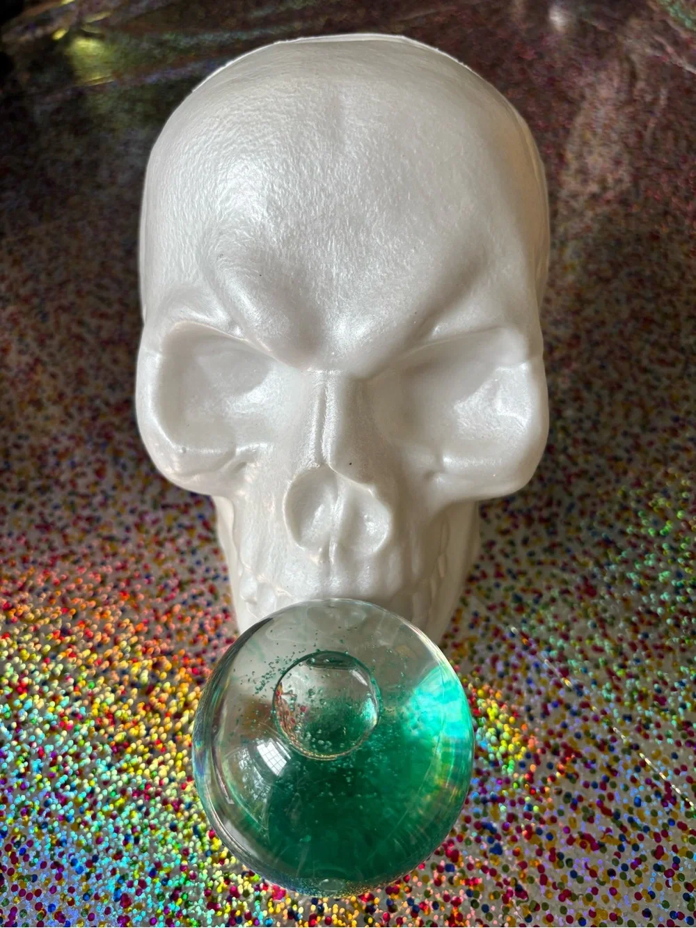 1 - Skull Blowing Blue Glitter Bubble , NEW, Halloween collectible decor